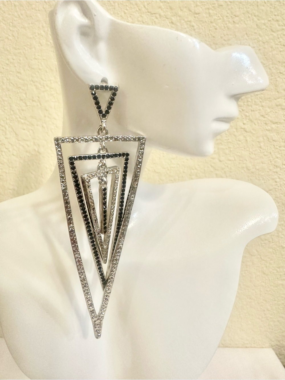 4.5” VTG Silver-Tone Clear & Black Rhinestones Geometric Triangle Drop Earrings